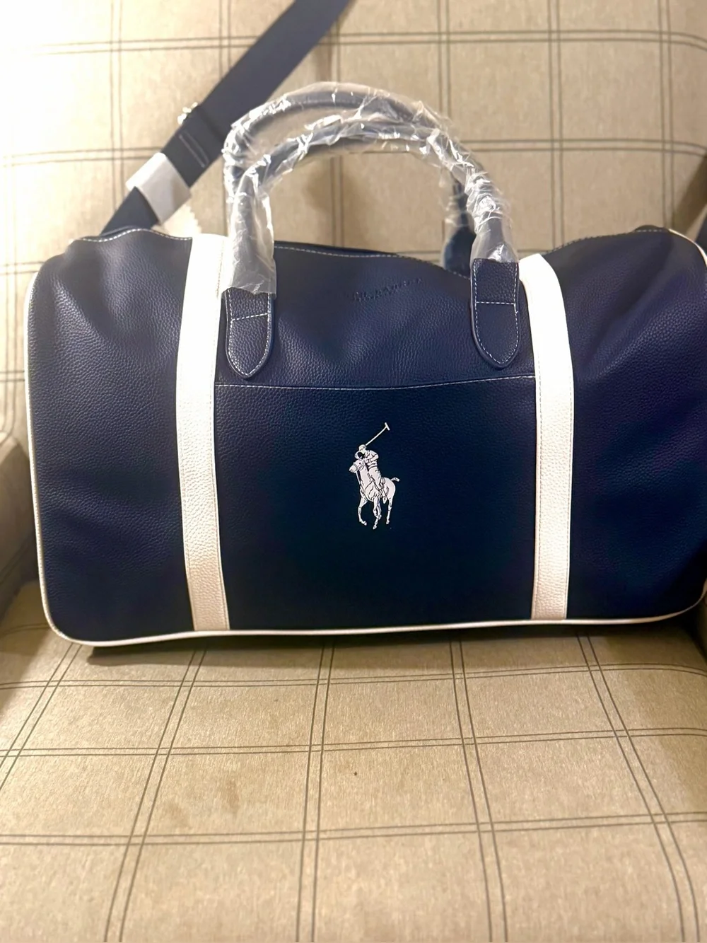 Classic !Ralph Lauren Navy and White Polo Large Vegan Leather Duffel Bag